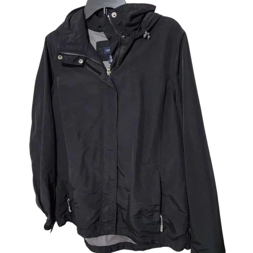 Lands Ends Windbreaker Jacket Size Medium Black Hooded Elastic Waist